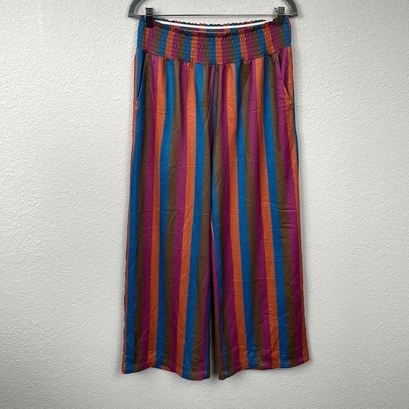 Miss Lulo Kai Autumn Stripes Wide Leg Pull On Pants Smocked Waist Sz XL - Picture 3 of 11